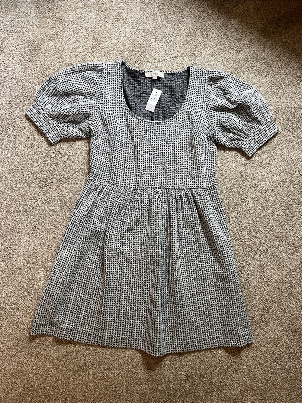 LOFT Black and White Textured Short Puff Sleeve Dress